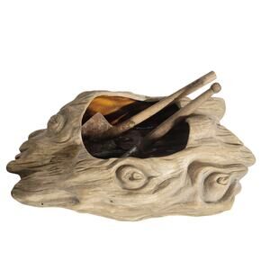 Faux Bois Log Planter Bowl w/ Mini Garden Tools Rustic Resin Woodland Decor